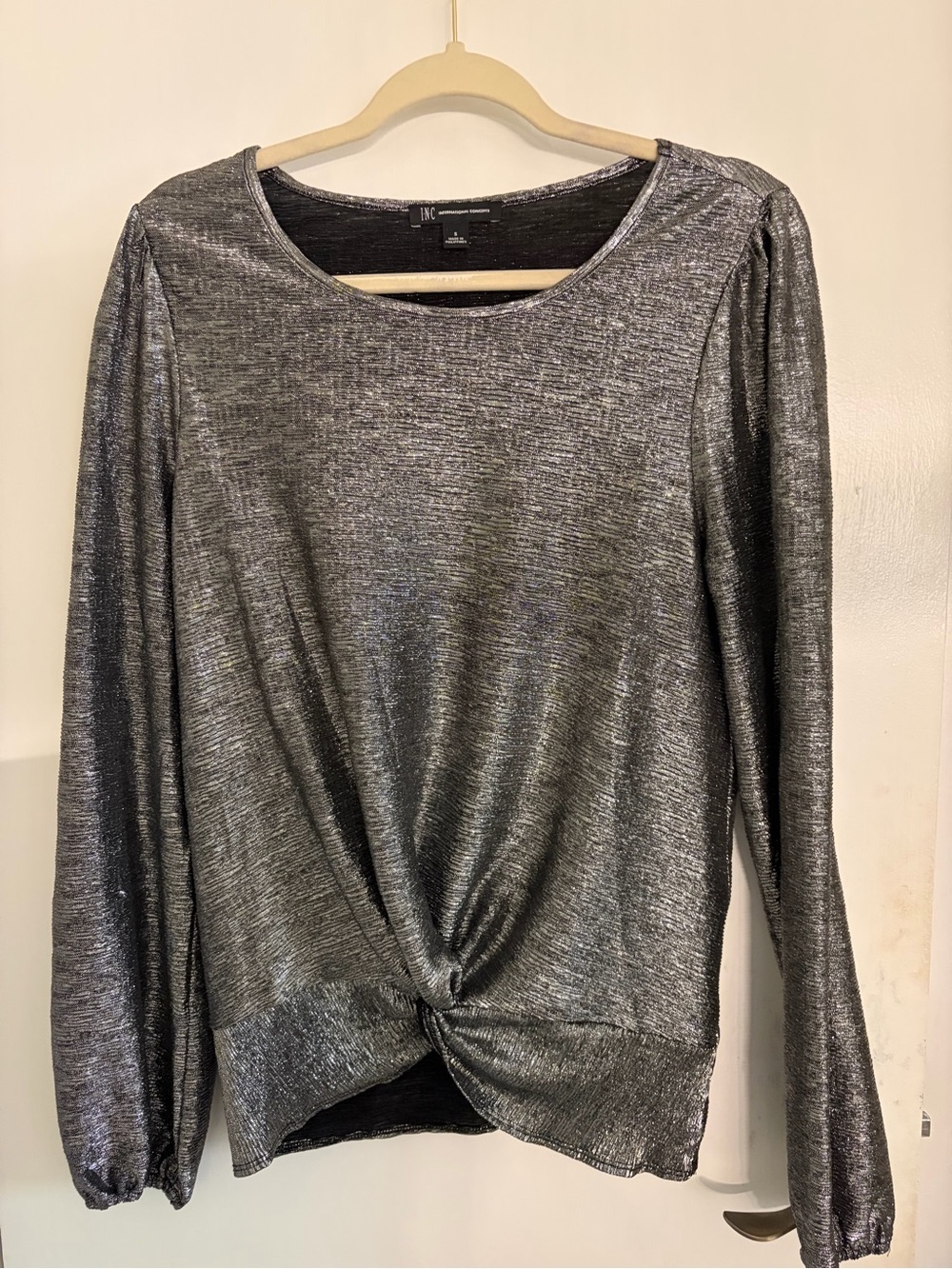 INC International Concepts Metallic Silver Twist Hem Long Sleeve Top